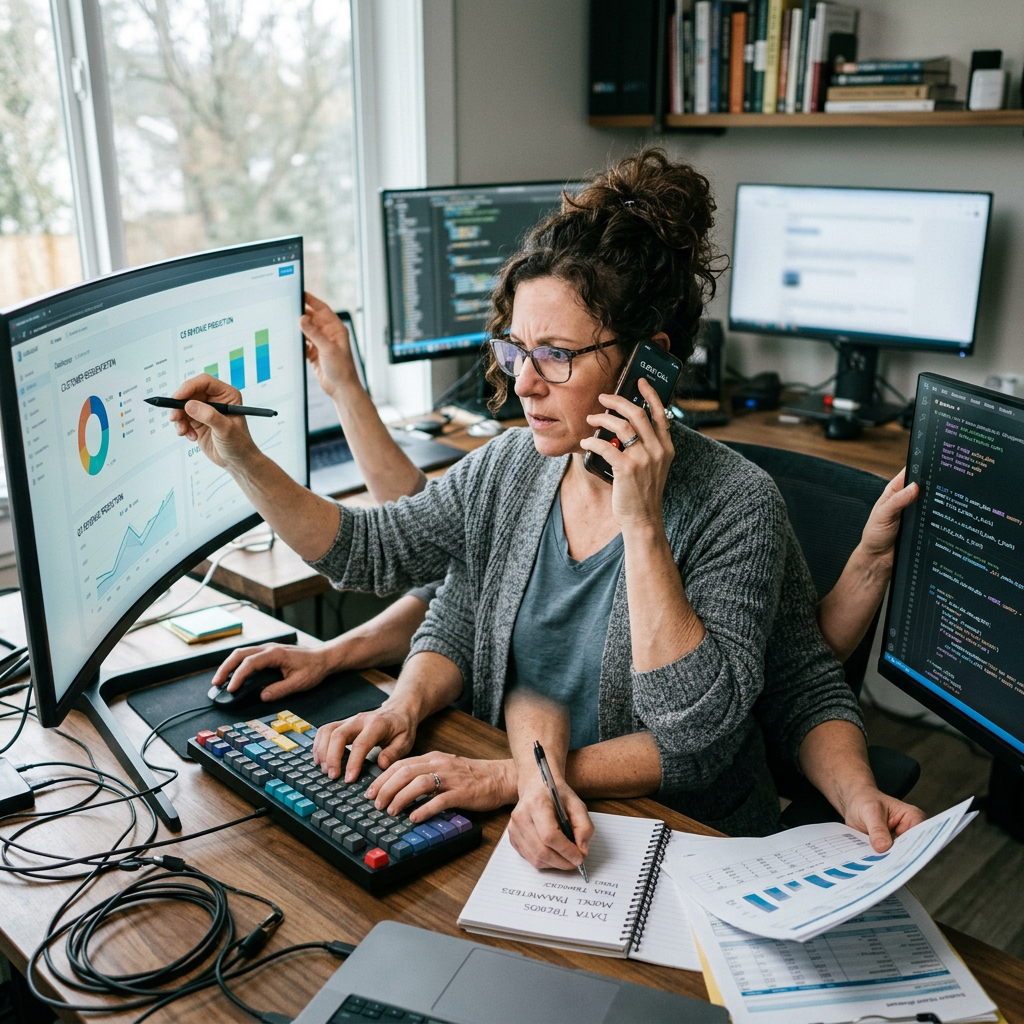 Team analyzing dashboards and reports at a multi-monitor workstation