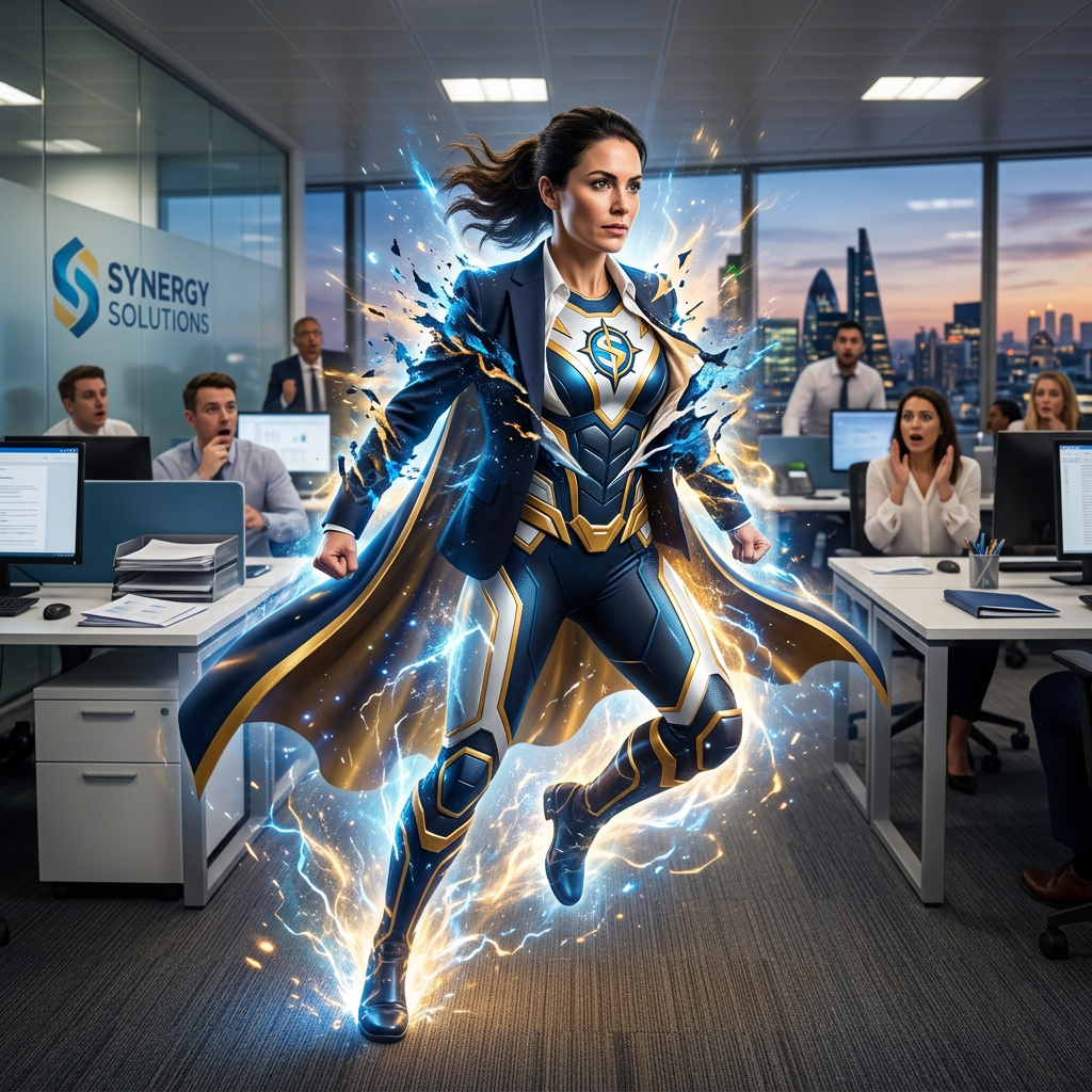 Superhero businesswoman surrounded by energy in an office