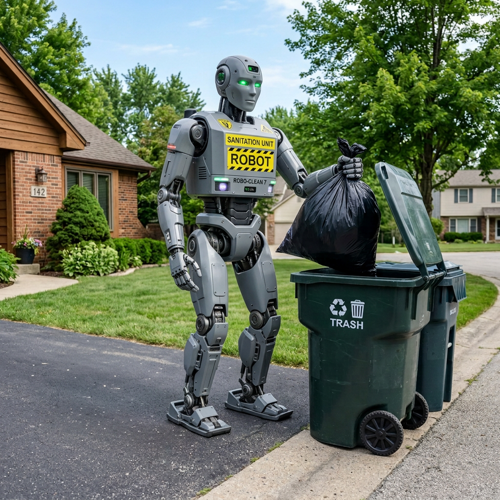 Tracked sanitation robot lifting a black trash bag from a green bin